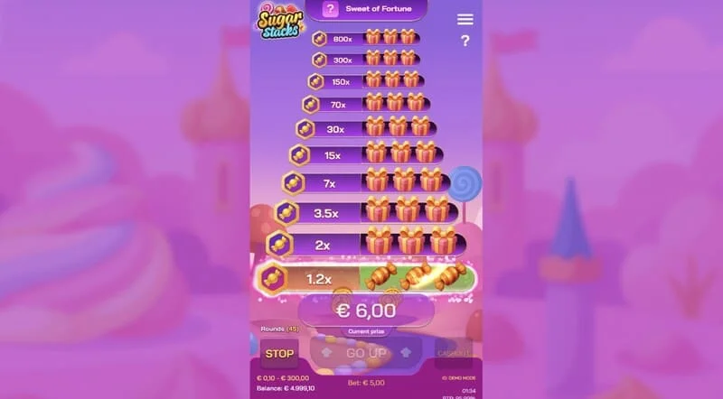 Sugar Stacks - νικητήριο βήμα με φωτισμένο τον τρέχοντα όροφο και μετρητή πολλαπλασιαστή